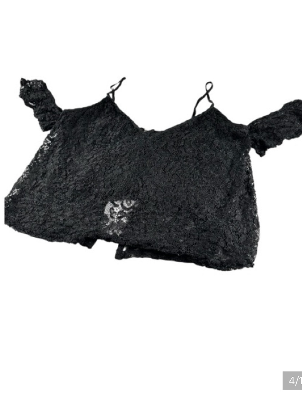GUESS Black Lace Off Shoulder Crop Top Sheer Flutter Sleeve L Y2K Romantic